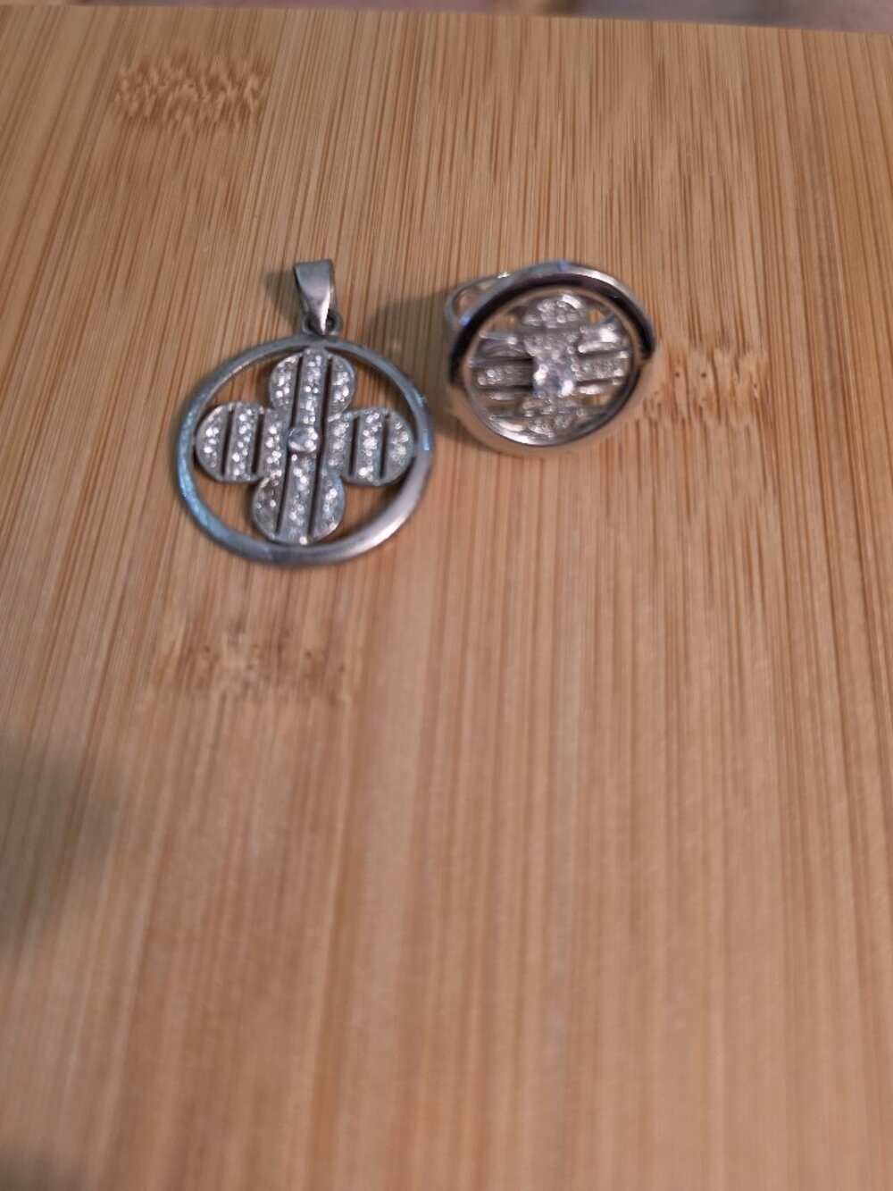 Vintage Silver Tone Rhinestone Medallion Pendant & Statement Ring Set Size 6.5
